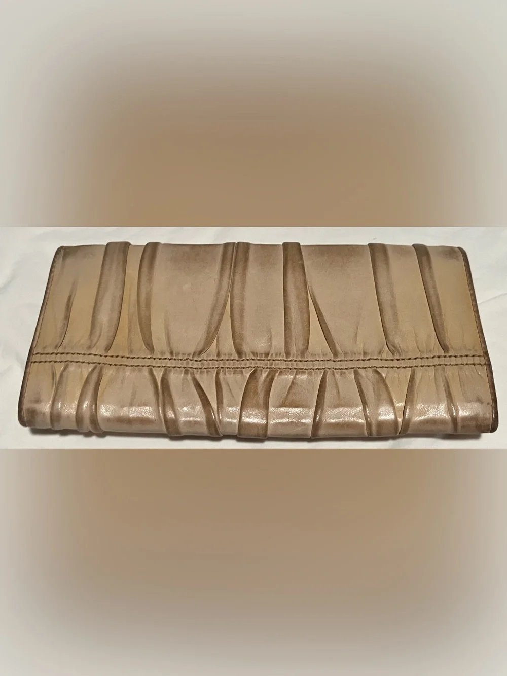 Prada Metallic Beige Ruched Leather Wallet with Gold Logo